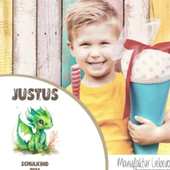 Stoff Schultüte grüner Drache | Personalisiert mit dem Namen für Jungen | Optional mit Füllkissen und Spitzenschutz