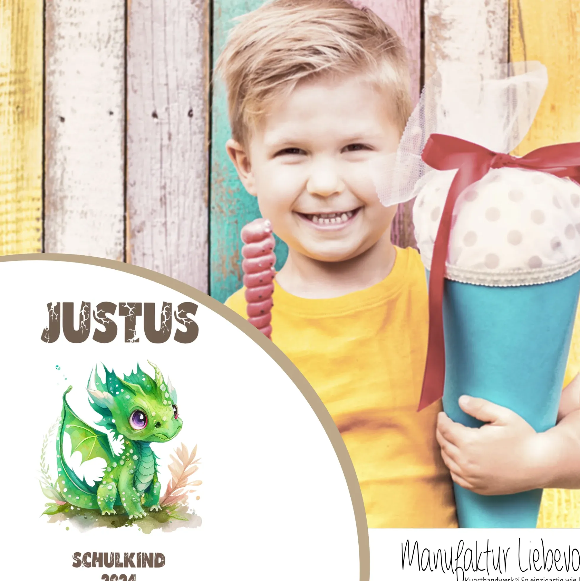 Stoff Schultüte grüner Drache | Personalisiert mit dem Namen für Jungen | Optional mit Füllkissen und Spitzenschutz