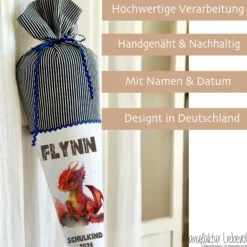 Stoff Schultüte roter Drache | Personalisiert mit dem Namen für Jungen | Optional mit Füllkissen und Spitzenschutz