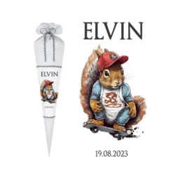 Stoff Zuckertüte Skater Eichhörnchen mit Namen personalisierte Einschulungstüte und Einschulungsdatum in Grau 70 cm | Optional mit Füllkissen und Spitzenschutz