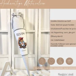 Stoff Zuckertüte Skater Eichhörnchen mit Namen personalisierte Einschulungstüte und Einschulungsdatum in Grau 70 cm | Optional mit Füllkissen und Spitzenschutz