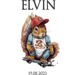 Stoff Zuckertüte Skater Eichhörnchen mit Namen personalisierte Einschulungstüte und Einschulungsdatum in Grau 70 cm | Optional mit Füllkissen und Spitzenschutz