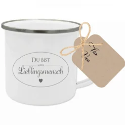 Tasse aus Emaille "Du bist mein Lieblingsmensch" | Besondere Geschenkidee für Frauen, Paare u. die beste Freundin | Tassengeschenk inkl. Geschenkanhänger zum Beschriften