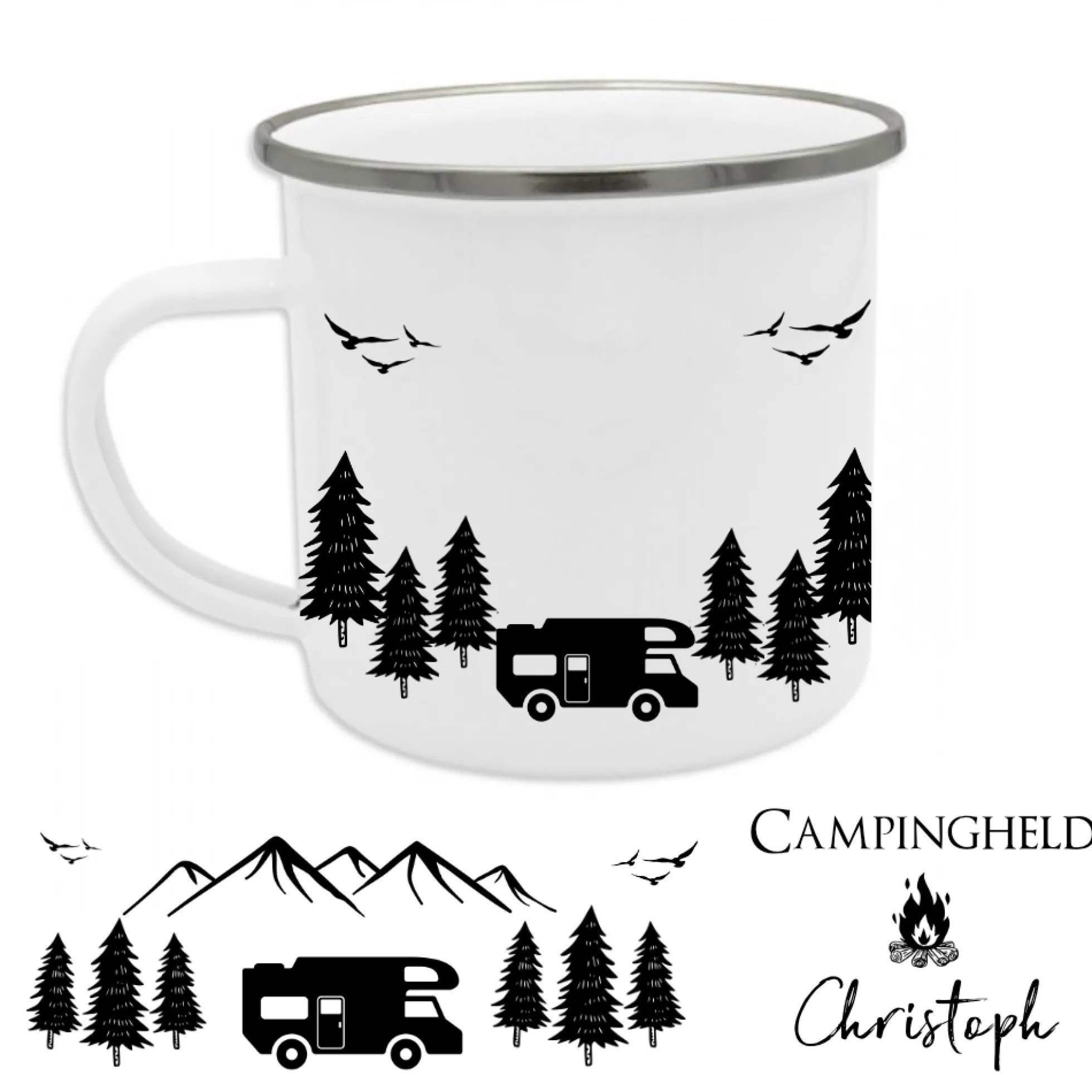 Tasse aus Emaille für Campinghelden | Personalisierte Emailletasse für den Urlaub für Ihn und Sie