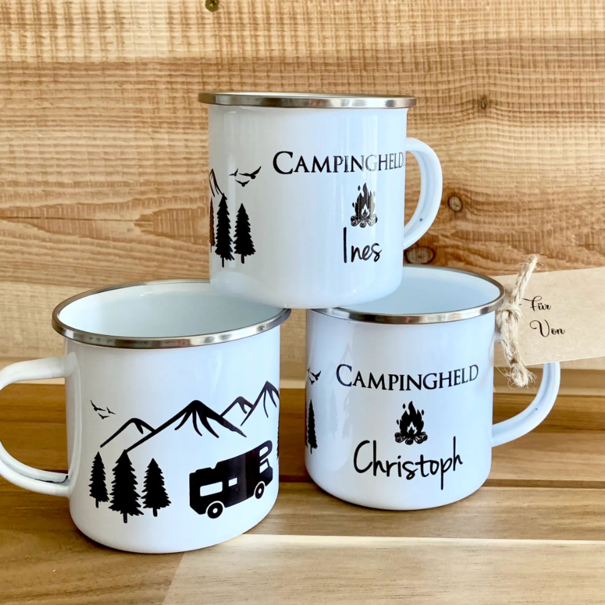 Tasse aus Emaille für Campinghelden | Personalisierte Emailletasse für den Urlaub für Ihn und Sie