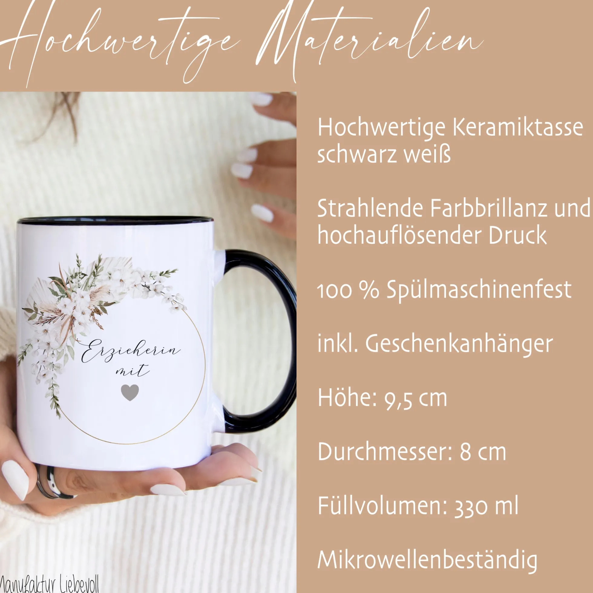 Tasse "Erzieherin mit Herz" | Personalisiertes Geschenk als Dankeschön und zum Abschied | Keramiktasse mit Namen und Buchstaben