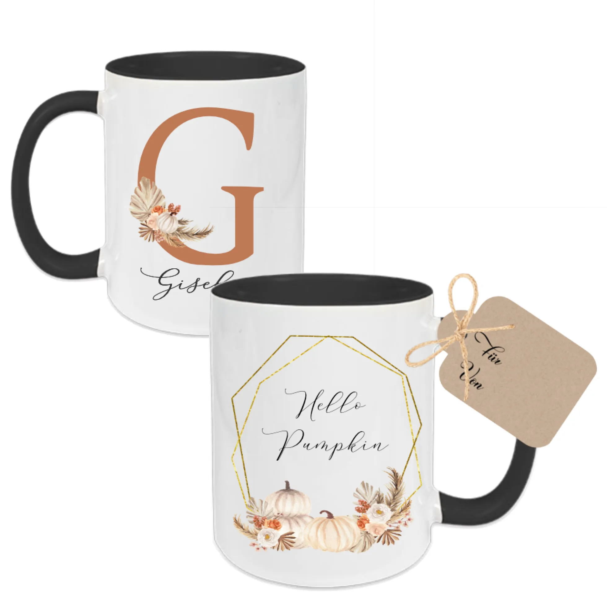 Tasse "Hello Pumpkin" mit Buchstaben und Namen | Keramiktasse mit Kürbis und Blumen | Perfekt für Herbst u. Halloween
