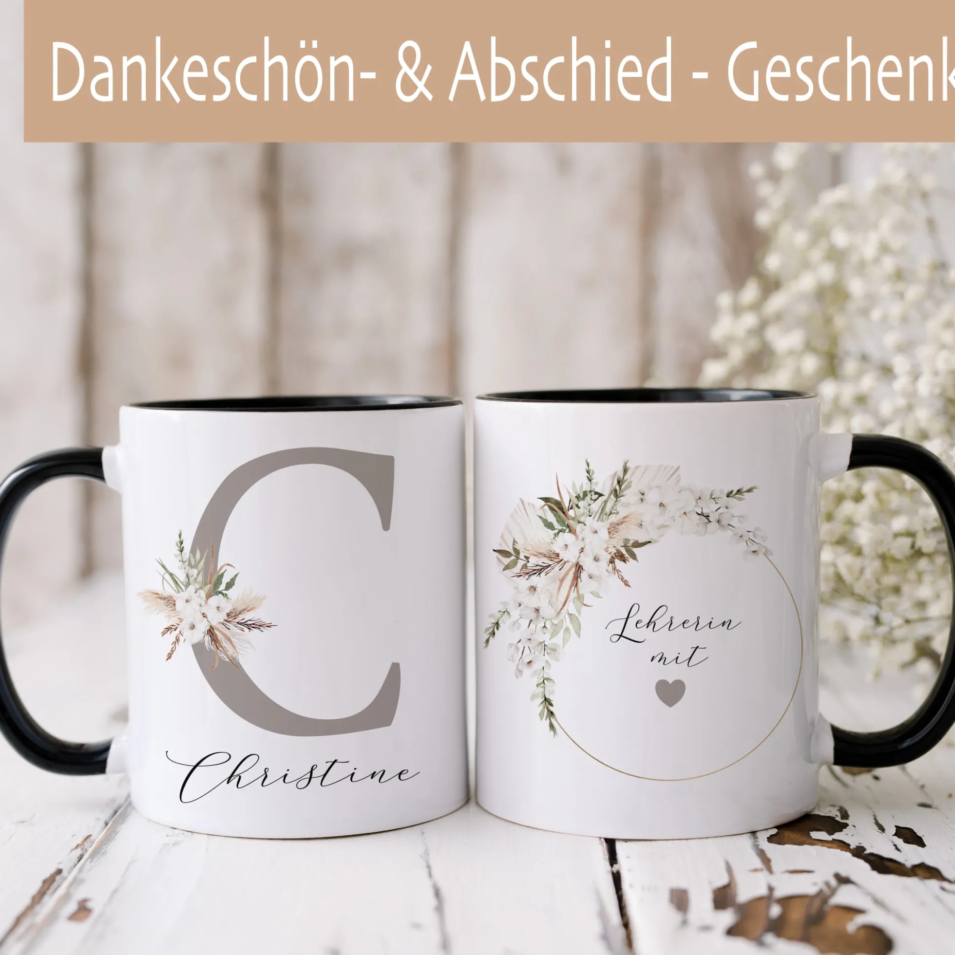 Tasse "Lehrerin mit Herz" | Personalisiertes Geschenk als Dankeschön und zum Abschied | Keramiktasse mit Namen und Buchstaben