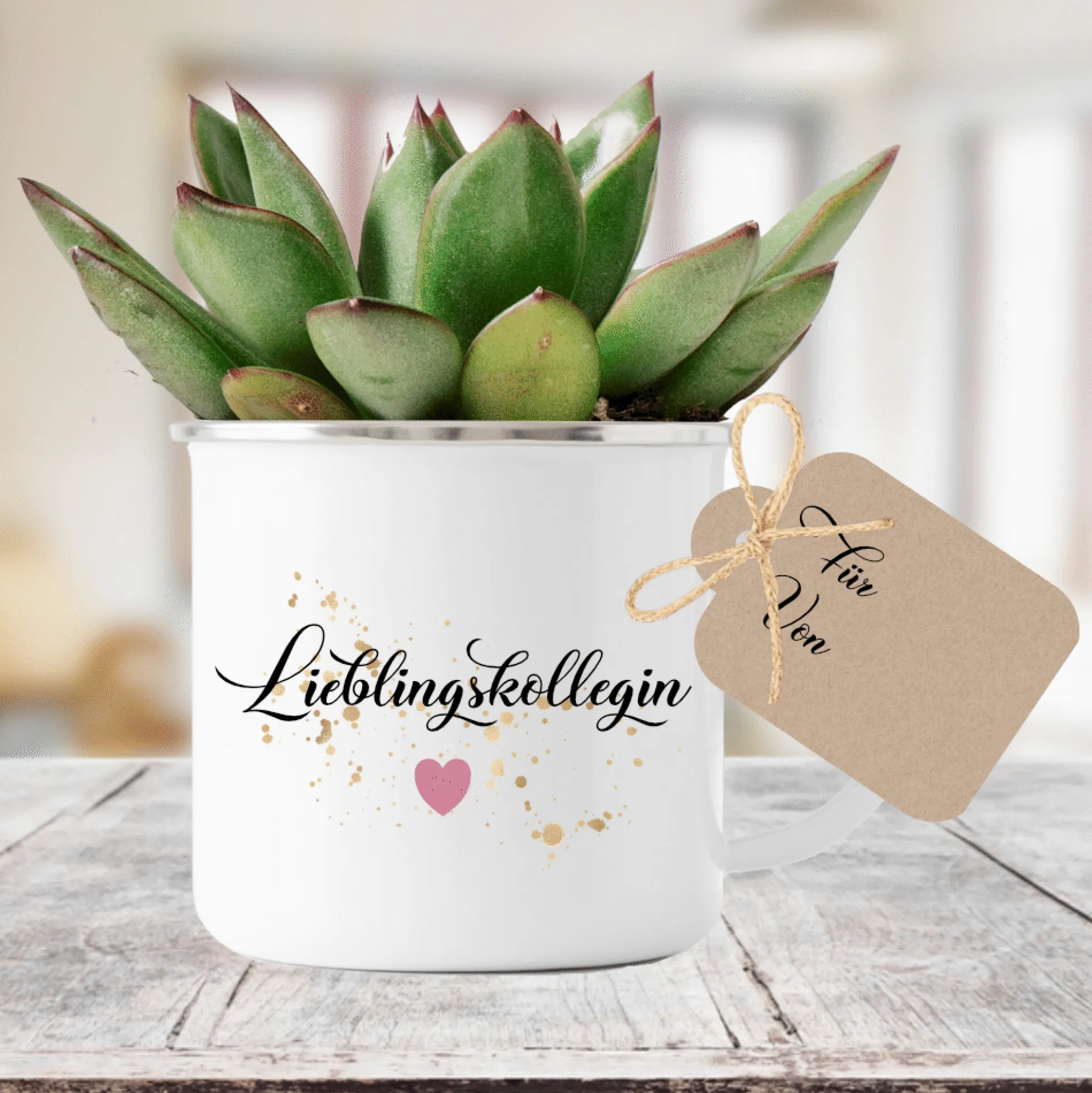 Tasse "Lieblingskollegin" | Geschenk für die Arbeitskollegin | Emailletasse mit Geschenkanhänger | 12 Motivvarianten zur Auswahl
