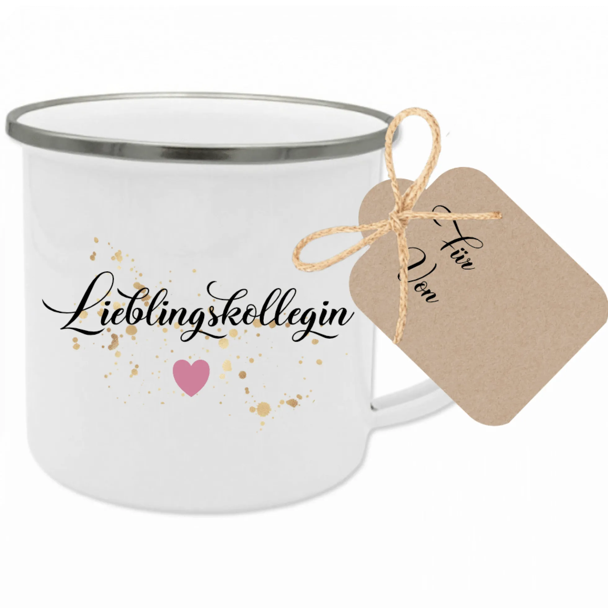 Tasse "Lieblingskollegin" | Geschenk für die Arbeitskollegin | Emailletasse mit Geschenkanhänger | 12 Motivvarianten zur Auswahl