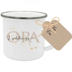 Tasse "Lieblingsoma" | Geschenk für die Oma vom Enkel | Emailletasse mit Geschenkanhänger | 6 Motivvarianten zur Auswahl