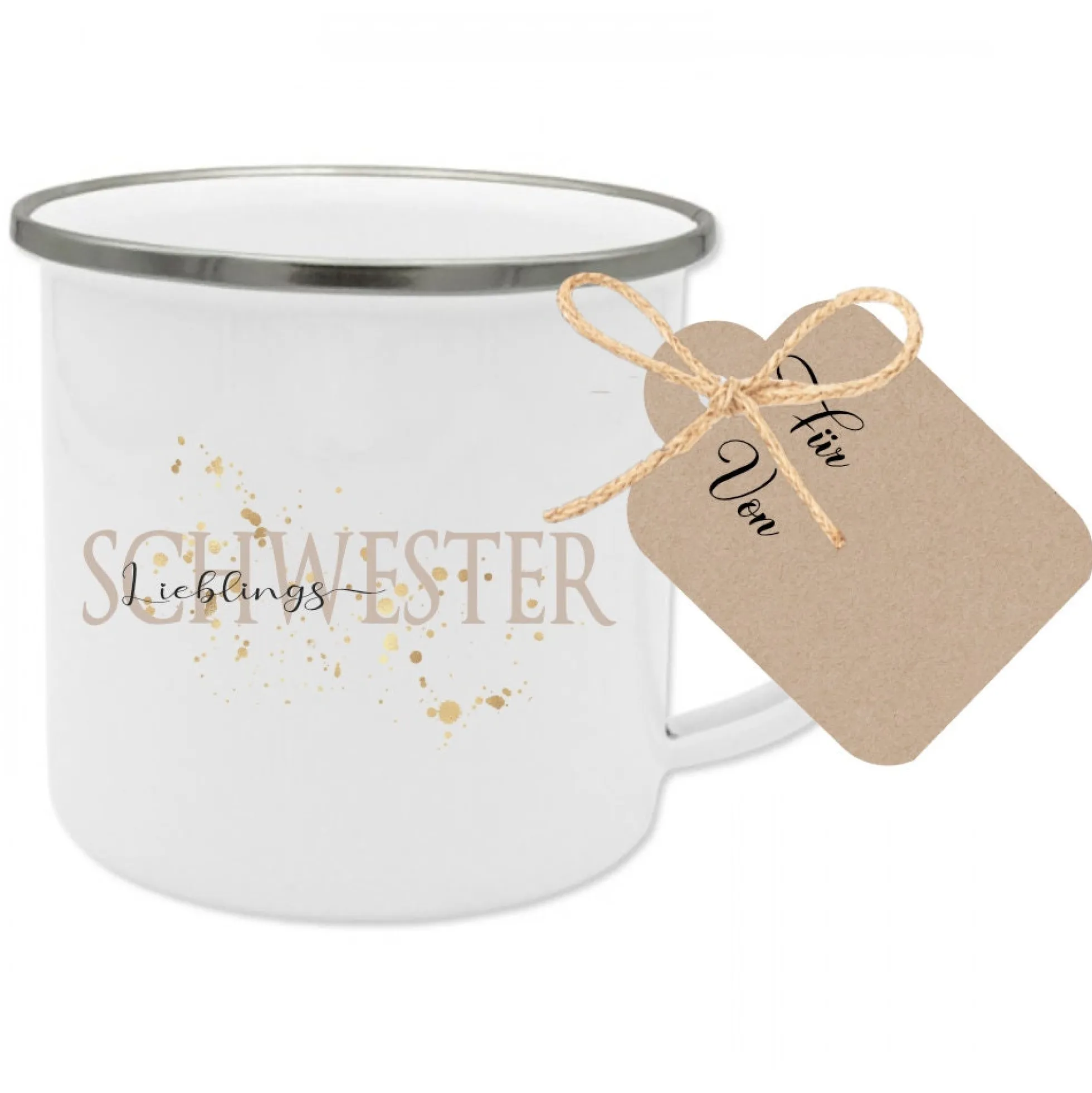 Tasse "Lieblingsoma" | Geschenk für die Oma vom Enkel | Emailletasse mit Geschenkanhänger | 6 Motivvarianten zur Auswahl