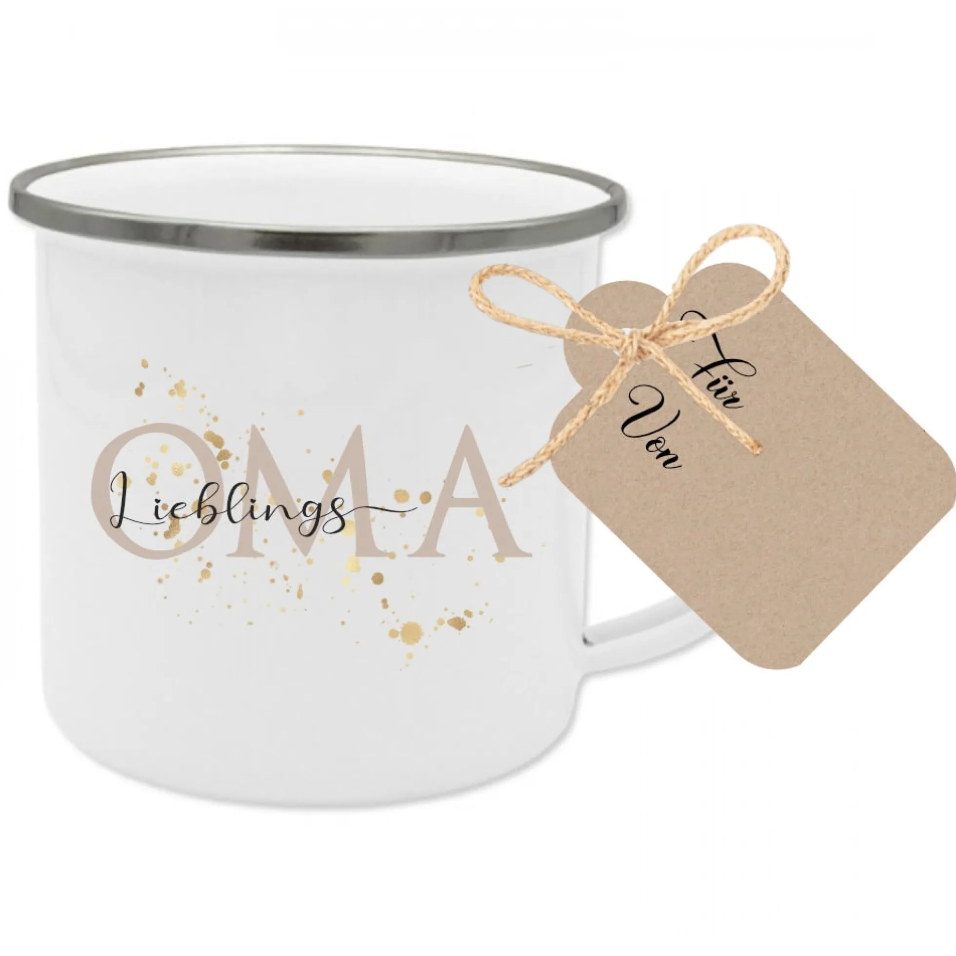 Tasse "Lieblingsoma" | Geschenk für die Oma vom Enkel | Emailletasse mit Geschenkanhänger | 6 Motivvarianten zur Auswahl