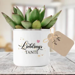 Tasse "Lieblingstante" | Geschenk für die Tante | Emailletasse mit Geschenkanhänger | 12 Motivvarianten zur Auswahl