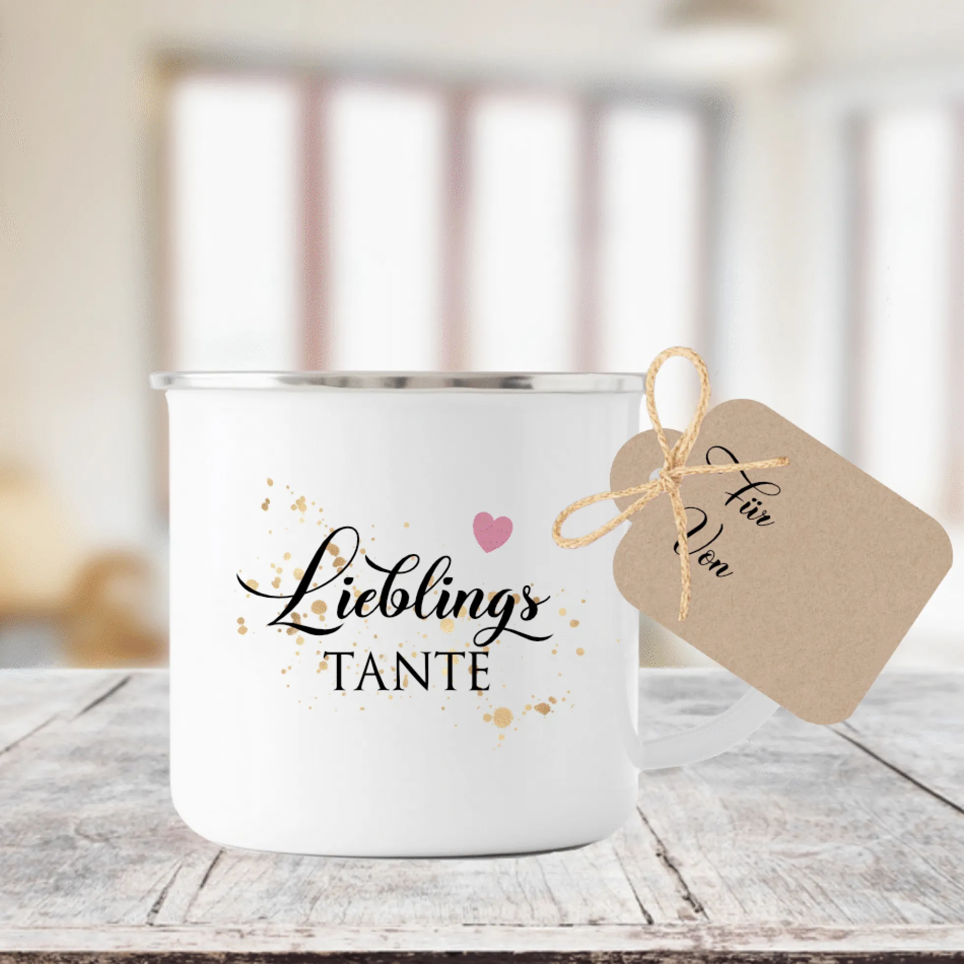 Tasse "Lieblingstante" | Geschenk für die Tante | Emailletasse mit Geschenkanhänger | 12 Motivvarianten zur Auswahl