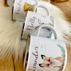 Tasse Löwe mit Namen des Kindes | Emaille Trinkbecher für Mädchen u. Jungen I Personalisierte Kindertasse als besonderes Geschenk | 7 Motivvarianten zur Auswahl