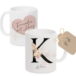 Tasse mit Name Herz Buchstabe Geschenk Hebamme Danke Erzieherin Lehrerin Freundin Wunschtext Schwester Ärztin uvm.