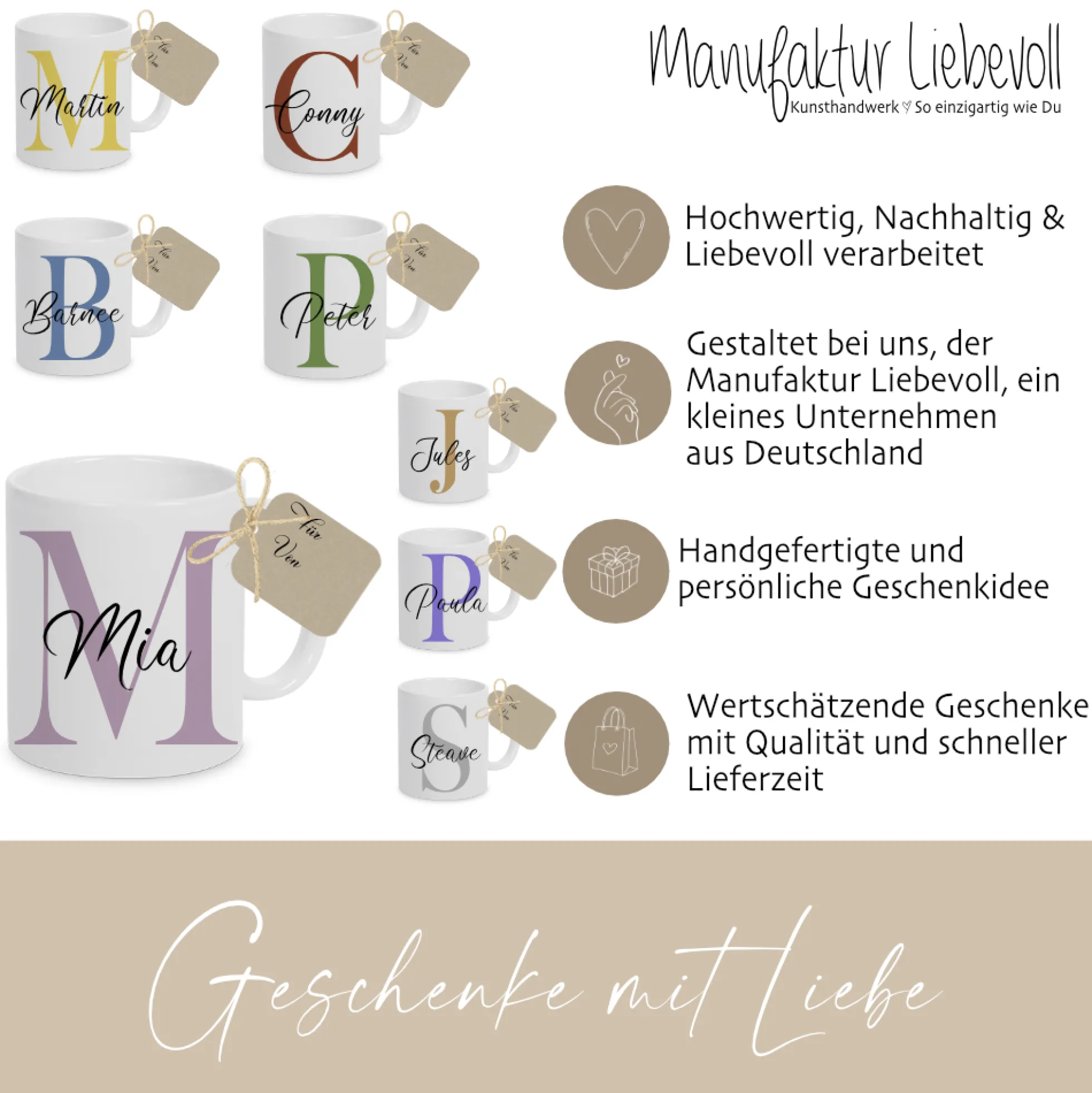 Tasse mit Name und Buchstabe Initiale Monogramm personalisiert mit Namen und Buchstabe als Buchstabentasse weiß Keramik