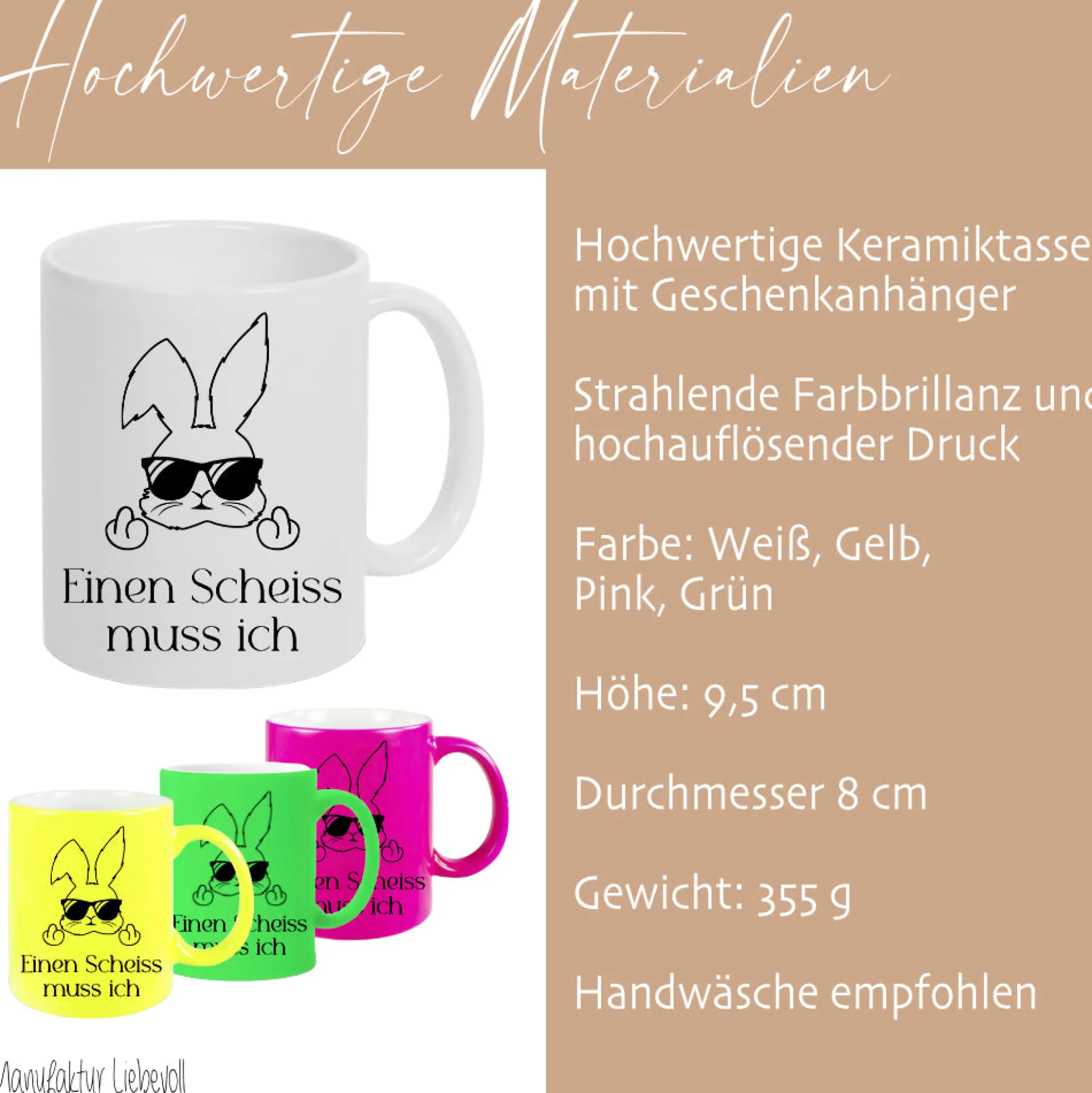 Tasse mit Spruch: Einen Scheiss muss ich | Witzige Ostertasse in Neon mit Osterhasen | 4 Tassenfarben zur Auswahl