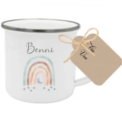 Tassengeschenk für Kinder | Personalisierte Tasse mit Regenbogen u. Namen | Kindertasse für Jungen u. Mädchen inkl. Geschenkanhänger | 4 Motivvarianten zur Auswahl