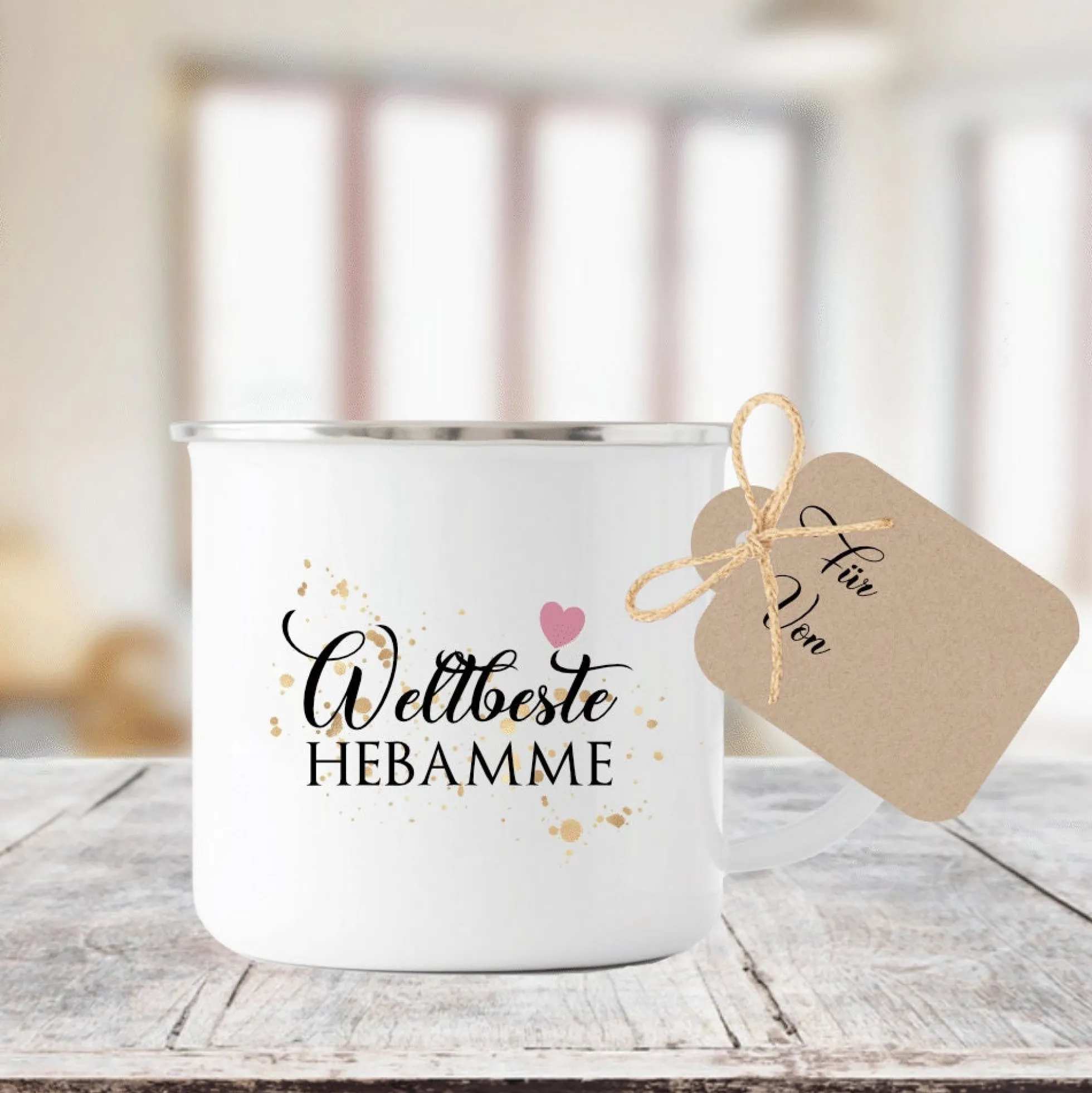 Tasse "Weltbeste Hebamme" | Dankeschön Geschenk | Emailletasse mit Geschenkanhänger | 12 Motivvarianten zur Auswahl