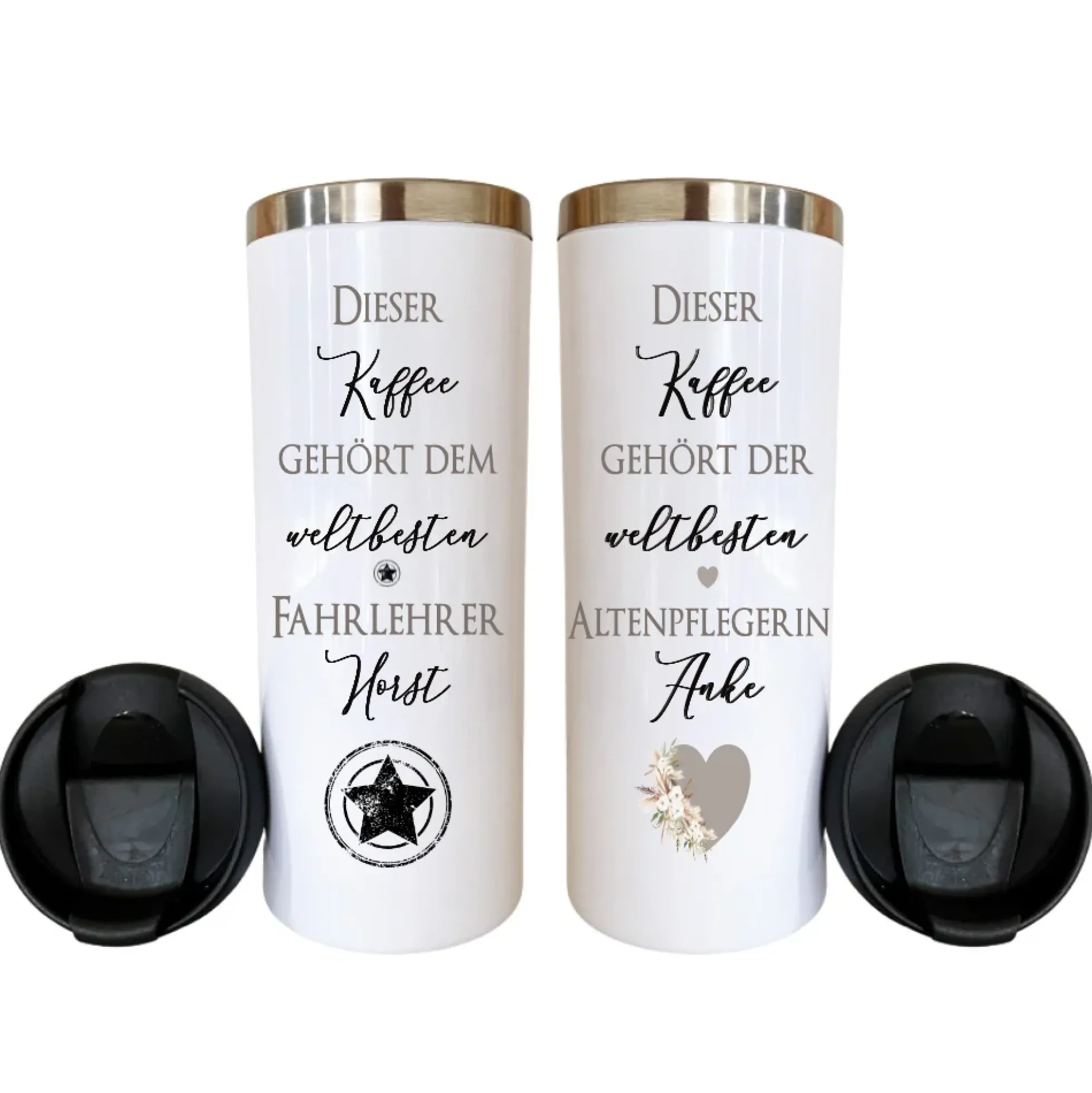 Thermobecher aus Edelstahl mit Namen und Berufsbezeichnung / Hobby für Sie u. Ihn | Personalisiertes Geschenk für Frauen u. Männer | Geschenkidee zum Geburtstag, als Dankeschön, Abschied Kollegin | Kaffeebecher | 2 Motivvarianten