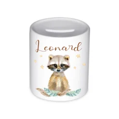 Tiermotiv Spardose Waschbär mit Namen für Kinder | Personalisiertes Geschenk für Mädchen u. Jungen | Originelles Geldgeschenk u. handgefertigte Geschenkidee | 11 Motive zur Auswahl