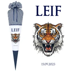 Tiger Stoff Schultüte in blau für Jungen mit Namen Dschungel Tier Zuckertüte personalisierte Einschulungstüte Einschulungsdatum 70 cm | Optional mit Füllkissen und Spitzenschutz