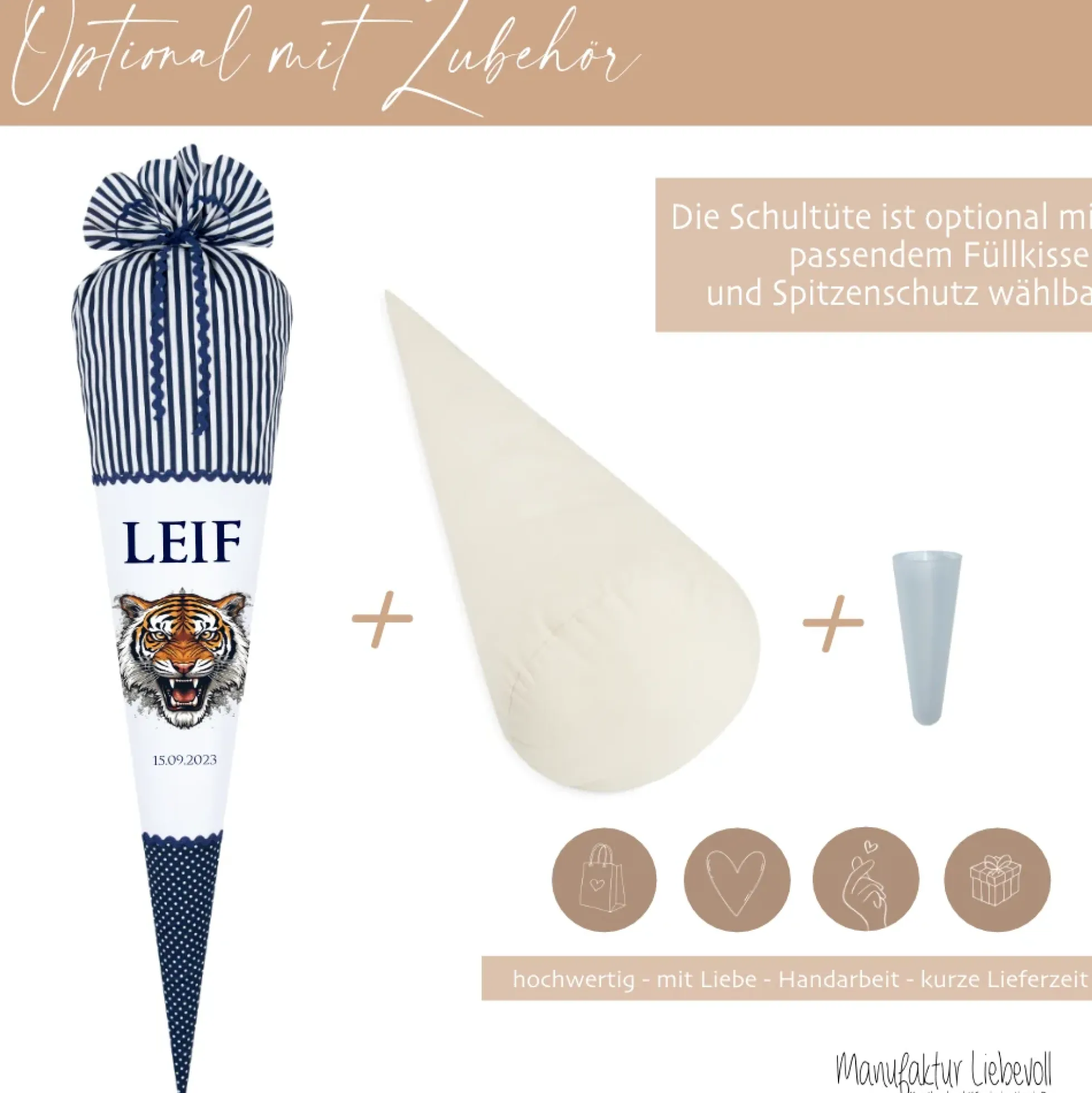 Tiger Stoff Schultüte in blau für Jungen mit Namen Dschungel Tier Zuckertüte personalisierte Einschulungstüte Einschulungsdatum 70 cm | Optional mit Füllkissen und Spitzenschutz