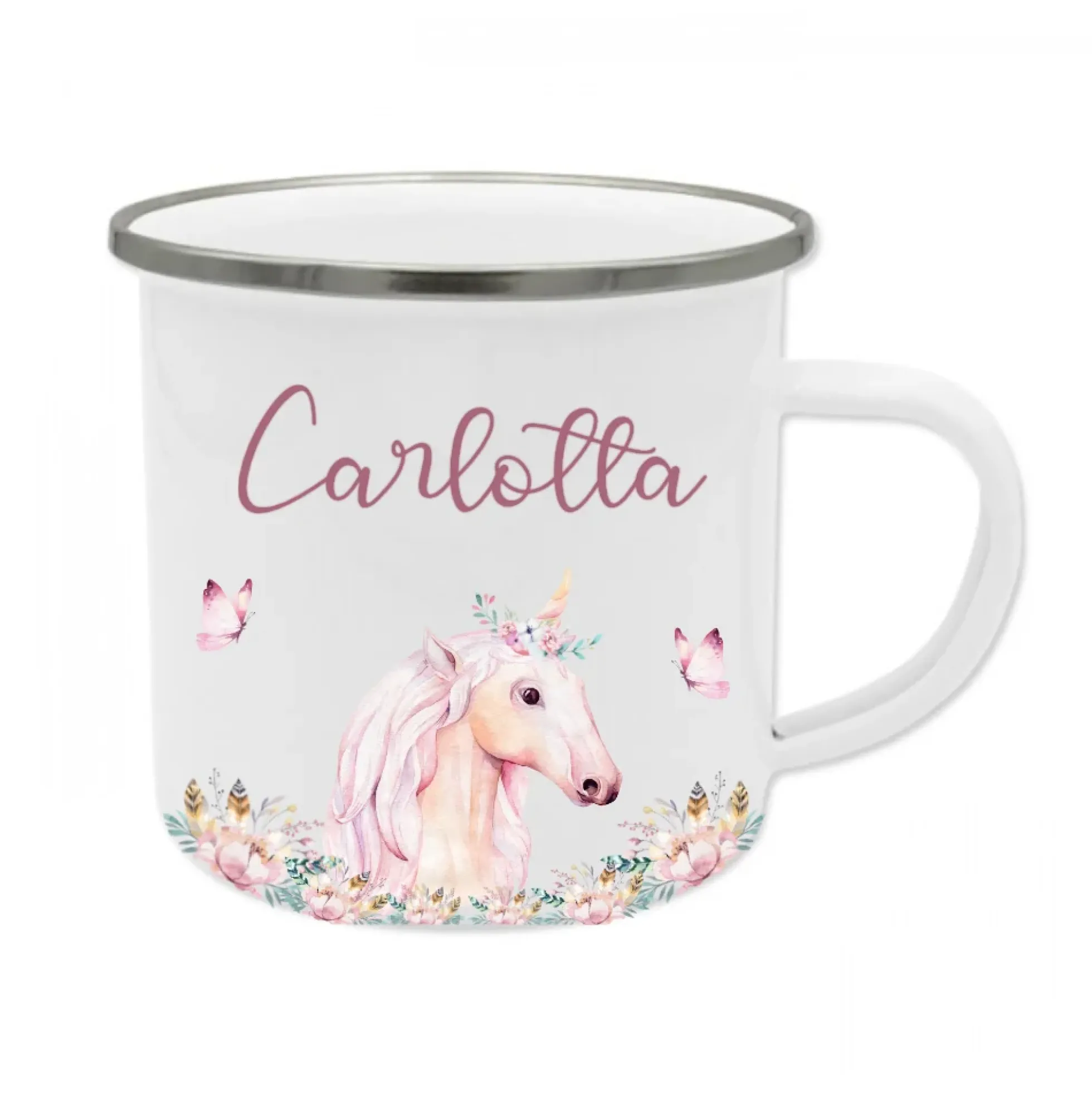Tolle Kindertasse Hase mit Namen des Kindes | Emaille Trinkbecher für Mädchen u. Jungen I Personalisierte Tasse als besonderes Geschenk | 7 Motivvarianten zur Auswahl