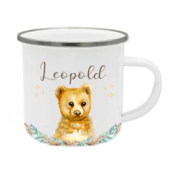 Tolle Kindertasse Hase mit Namen des Kindes | Emaille Trinkbecher für Mädchen u. Jungen I Personalisierte Tasse als besonderes Geschenk | 7 Motivvarianten zur Auswahl