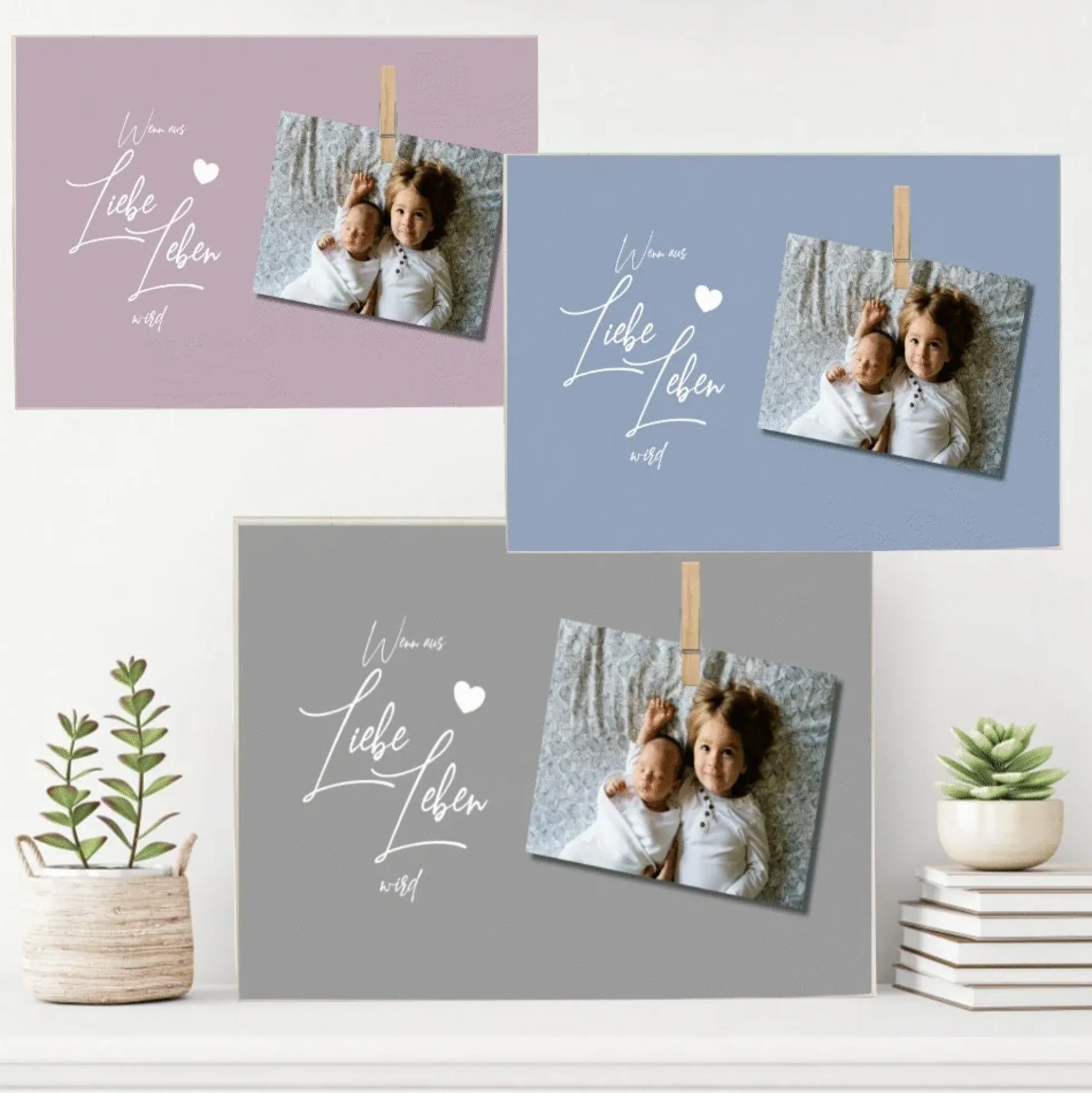 Tolles Fotogeschenk aus Holz für werdende Eltern | Holzbild mit Spruch "Wenn aus Liebe Leben wird“ | Memoboard mit Holzklammer zum selbstständigen Befestigen eines Fotos oder des Ultraschallbildes | 3 Farbvarianten zur Auswahl