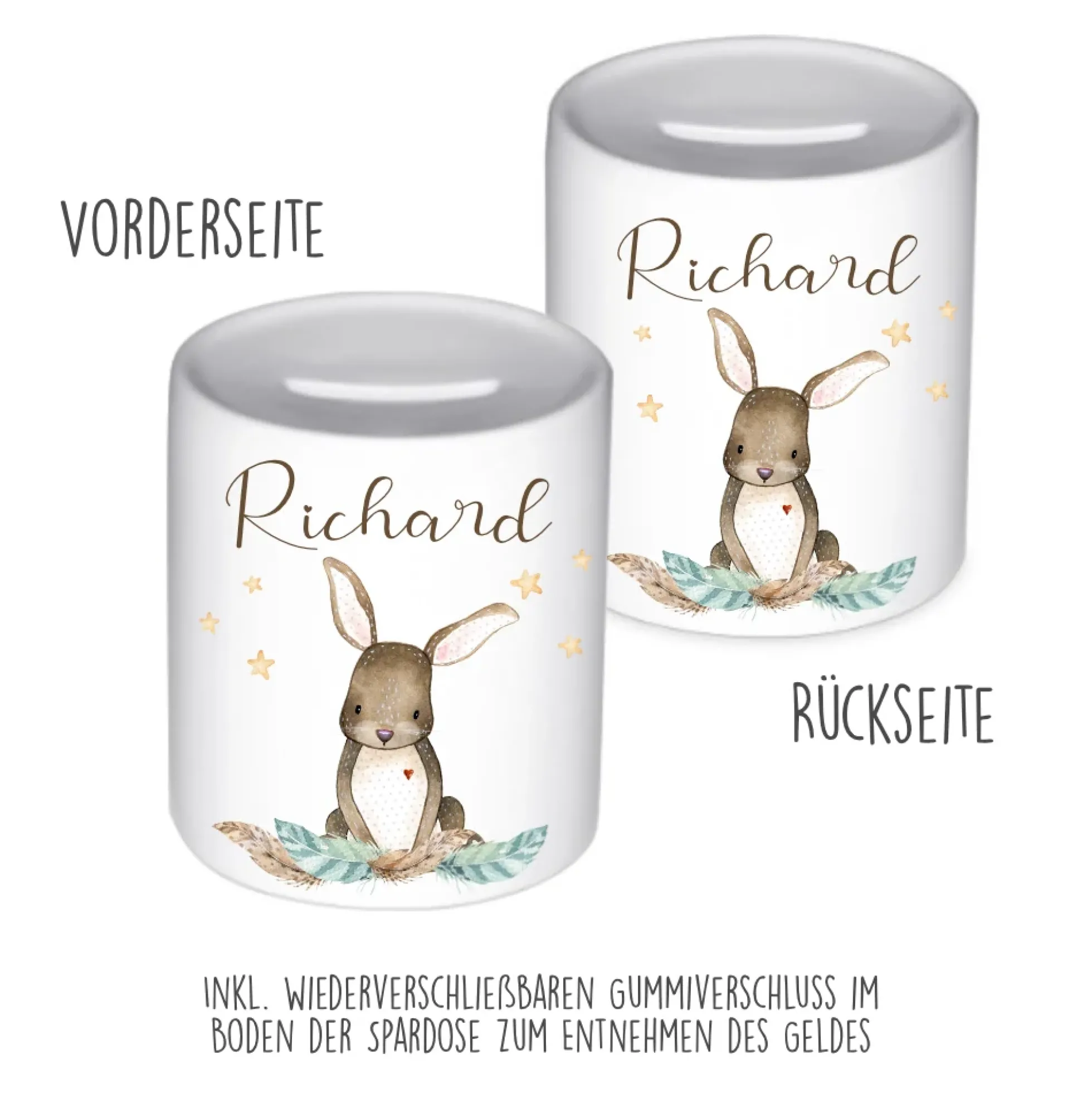 Tolle Spardose Hase mit Herz mit Namen für Kinder | Personalisiertes Geschenk für Mädchen u. Jungen | Originelles Geldgeschenk u. handgefertigte Geschenkidee | 11 Motive zur Auswahl