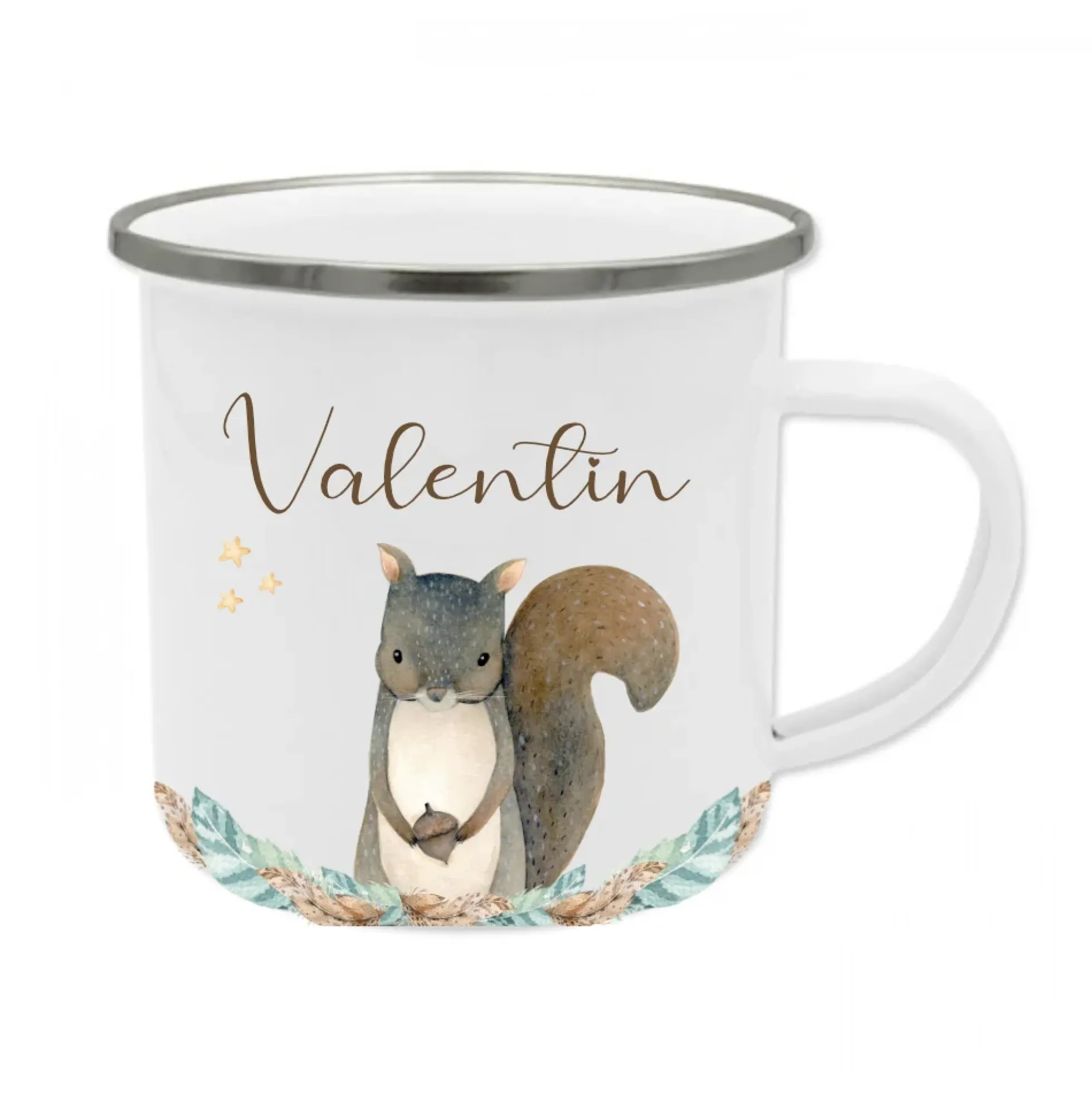 Tolle Waldtier Tasse Eichhörnchen mit Namen des Kindes | Emaille Trinkbecher für Mädchen u. Jungen I Personalisierte Kindertasse als besonderes Geschenk | 7 Motivvarianten zur Auswahl
