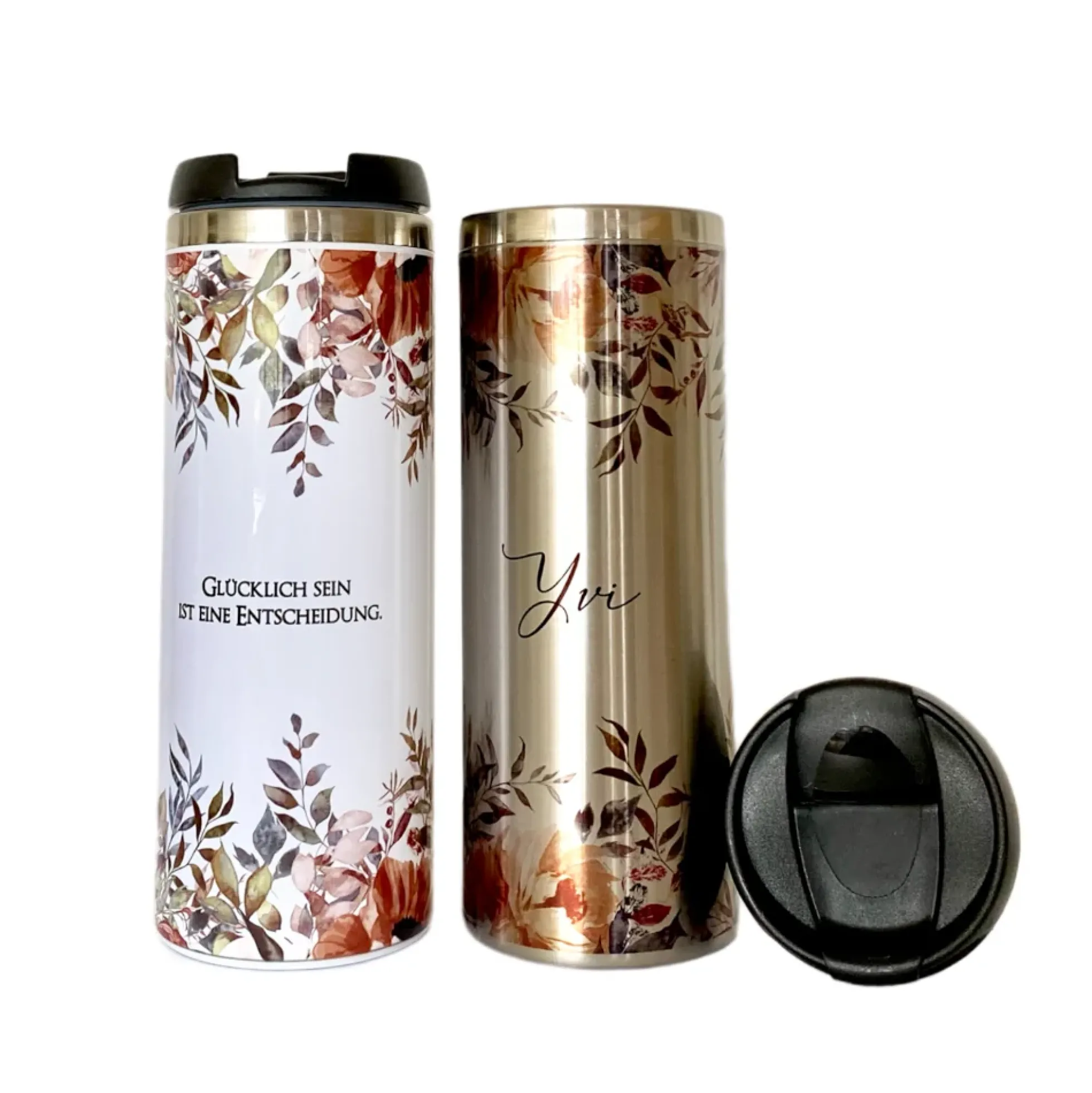 Trinkbecher "Autumn" für unterwegs aus Edelstahl | Personalisiert mit Namen und Spruch | Coffee to go Kaffeebecher | 2 Farbvarianten zur Auswahl | Besondere Geschenkidee und schönes Geschenk für Frauen