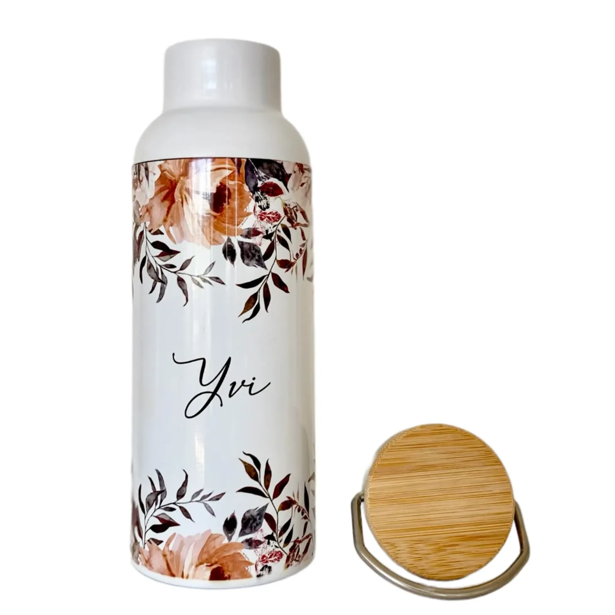 Trinkflasche "Autumn" mit Namen, Spruch und Blüten | Personalisiertes Geschenk mit Namen | 500 ml Isolierflasche aus Edelstahl mit Bambusdeckel