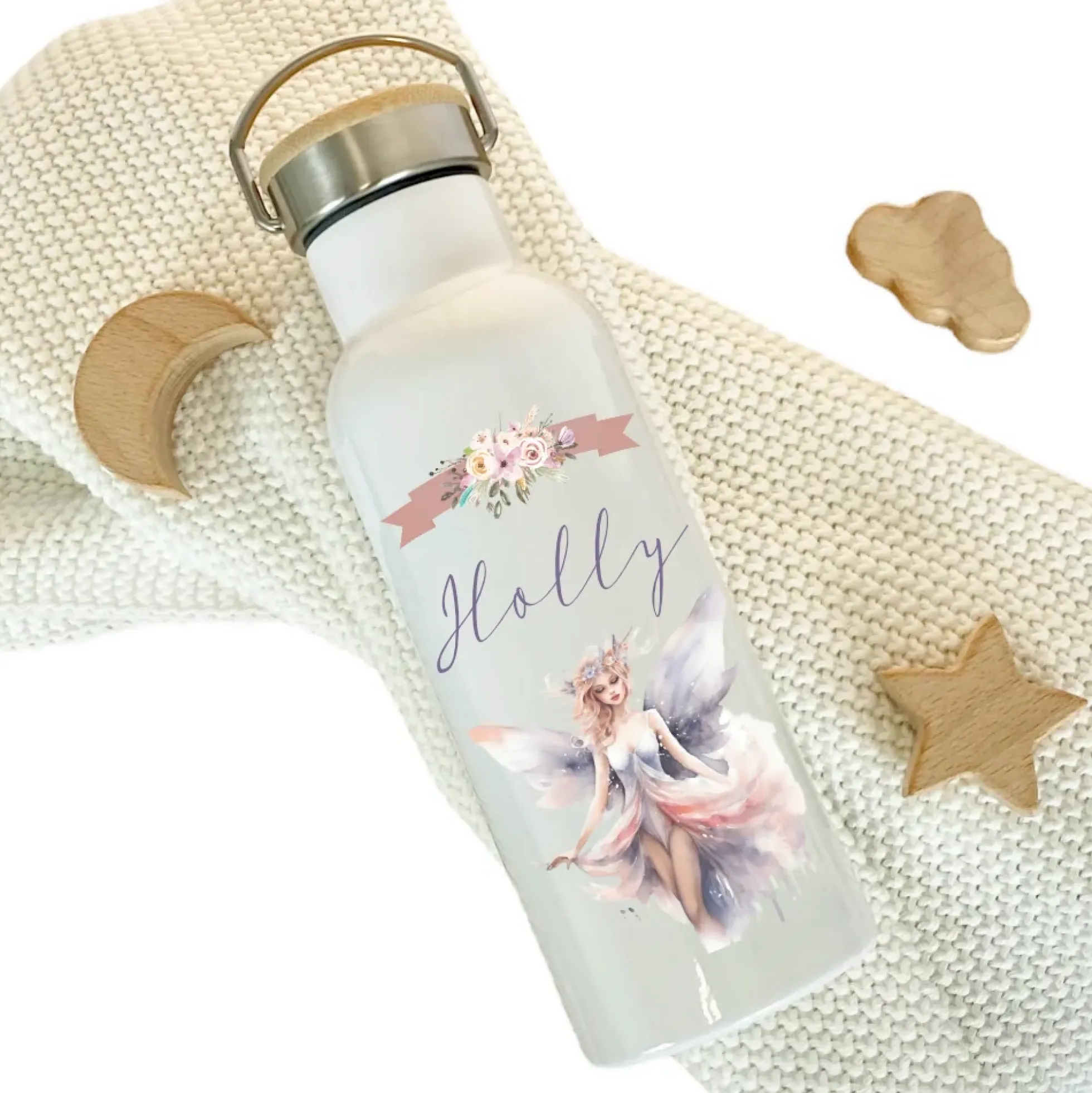 Trinkflasche "Elfen Fee" für Mädchen personalisiert mit Namen | Thermosflasche aus Edelstahl mit Bambusdeckel für Kinder Teenager Schule Kita 500ml