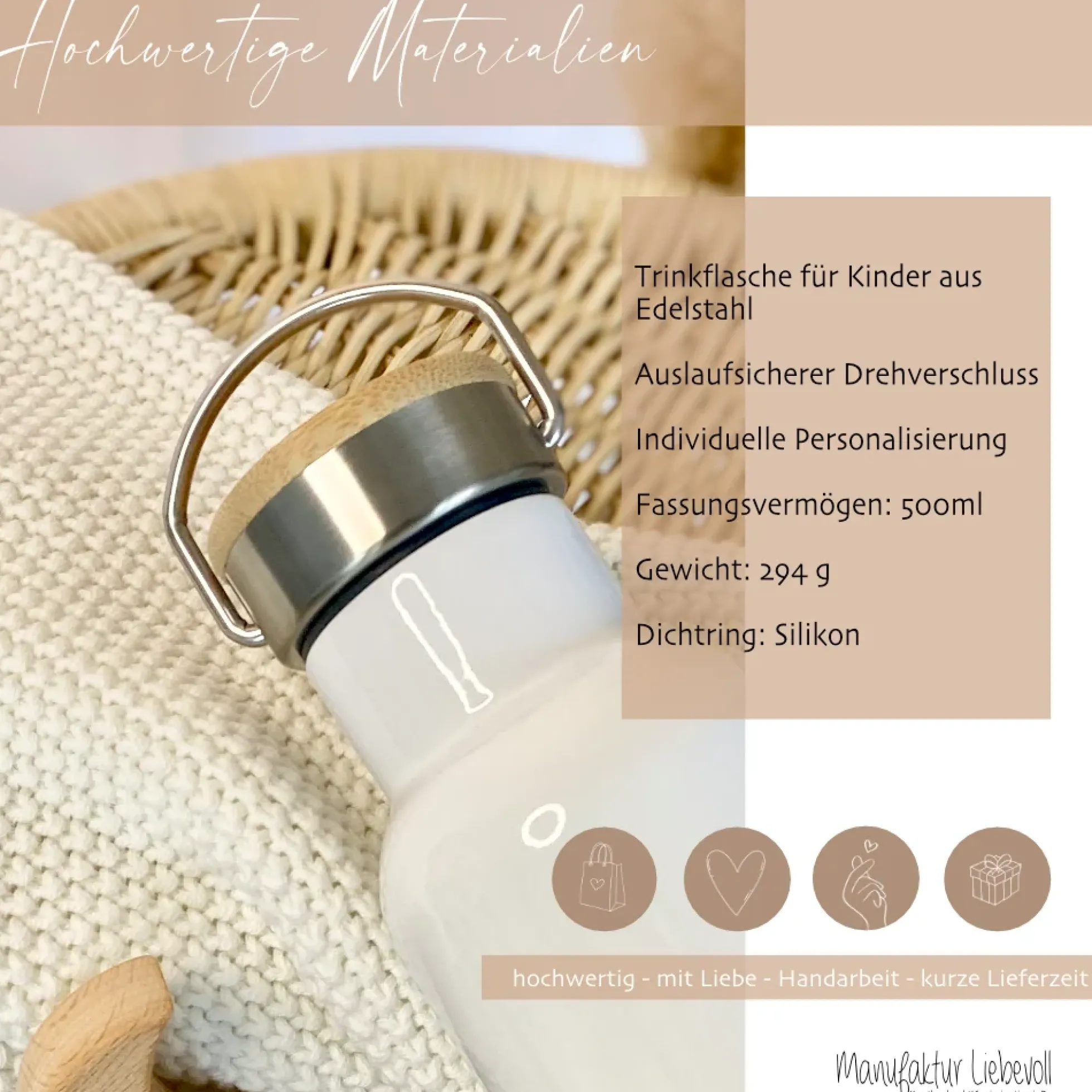 Trinkflasche "Elfen Fee" für Mädchen personalisiert mit Namen | Thermosflasche aus Edelstahl mit Bambusdeckel für Kinder Teenager Schule Kita 500ml