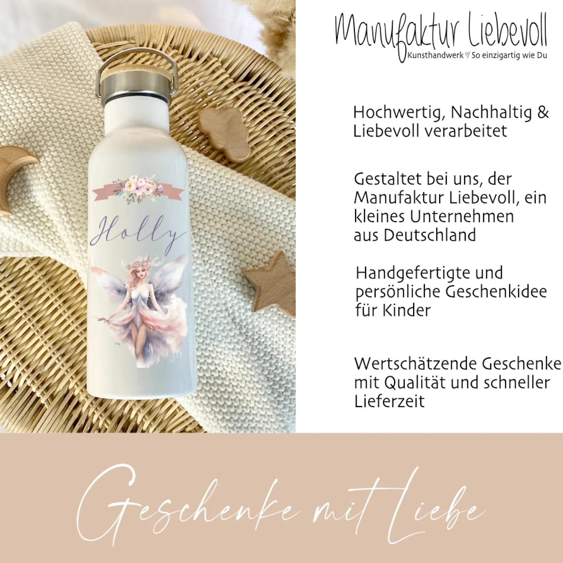 Trinkflasche "Elfen Fee" für Mädchen personalisiert mit Namen | Thermosflasche aus Edelstahl mit Bambusdeckel für Kinder Teenager Schule Kita 500ml