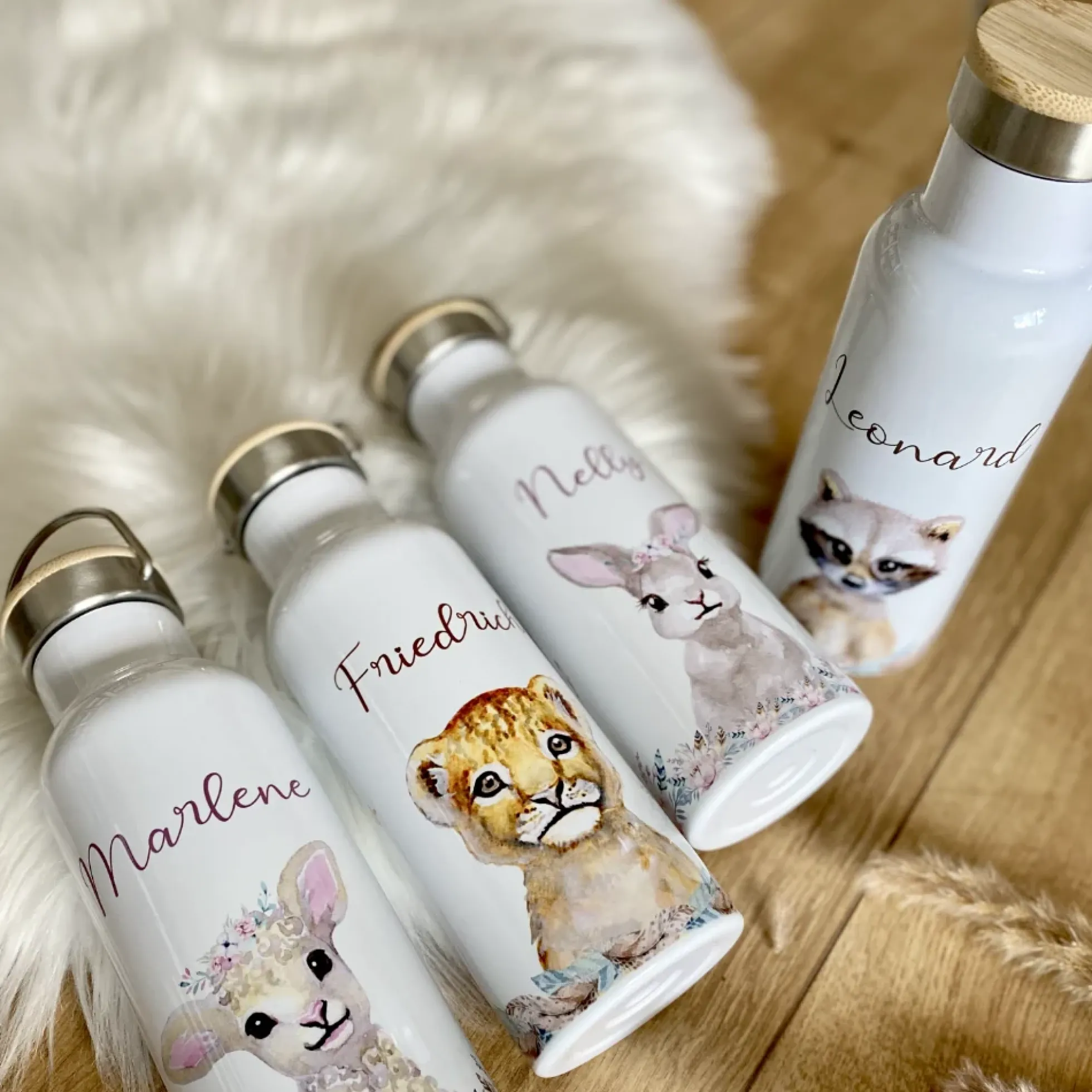 Trinkflasche "Fuchs" mit Namen für Kinder personalisiert | Kindertrinkflasche für Mädchen u. Jungen mit Tiermotiv | Thermosflasche aus Edelstahl | 500ml | 11 Motivvarianten zur Auswahl