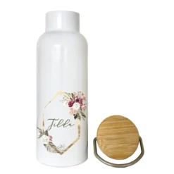 Trinkflasche mit Blumenkranz u. Namen im Boho Stil| Personalisiertes Geschenk | 500 ml Isolierflasche aus Edelstahl mit Bambusdeckel | Als Set verfügbar mit Brotdose