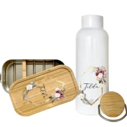 Trinkflasche mit Blumenkranz u. Namen im Boho Stil| Personalisiertes Geschenk | 500 ml Isolierflasche aus Edelstahl mit Bambusdeckel |  Als Set verfügbar mit Brotdose
