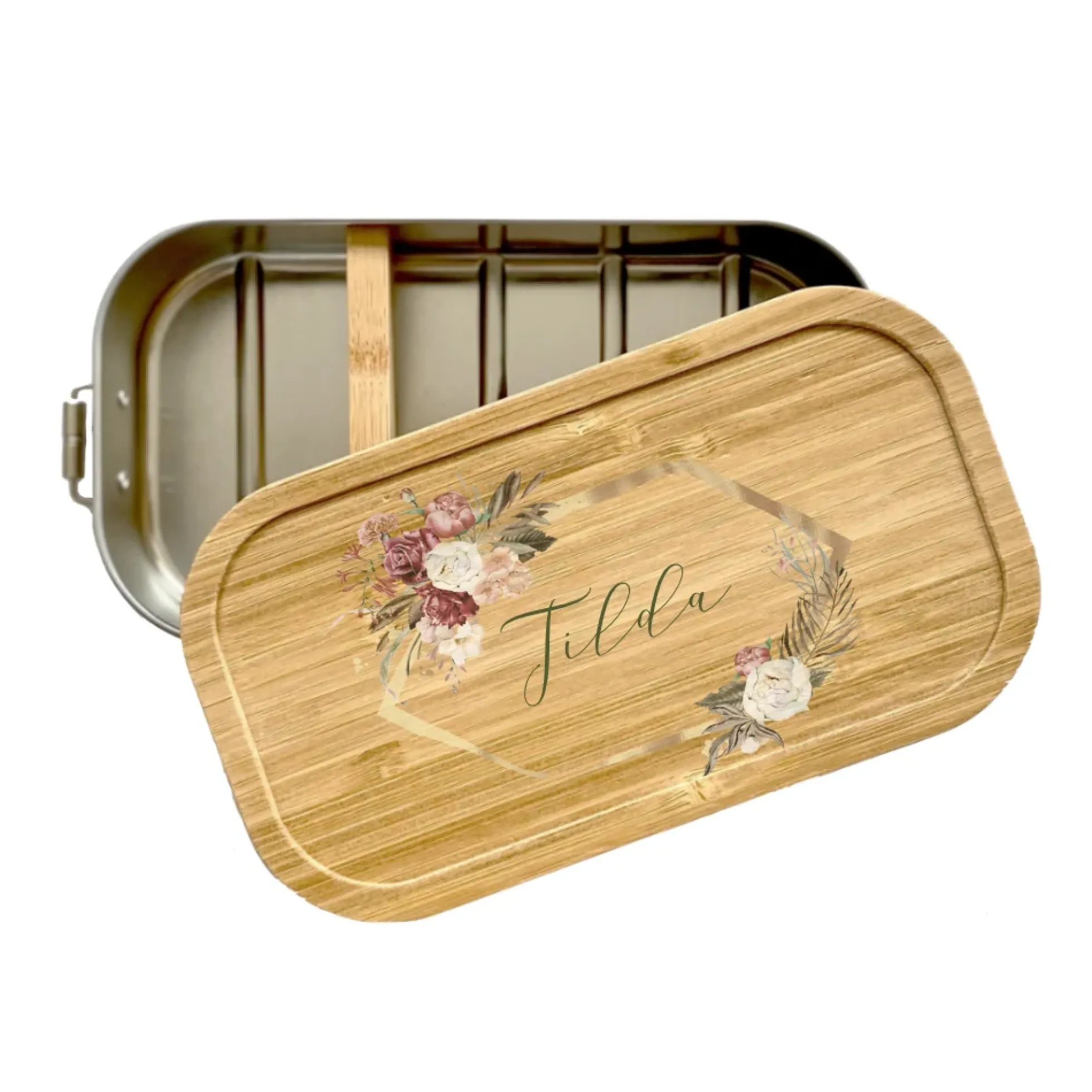 Trinkflasche mit Blumenkranz u. Namen im Boho Stil| Personalisiertes Geschenk | 500 ml Isolierflasche aus Edelstahl mit Bambusdeckel | Als Set verfügbar mit Brotdose