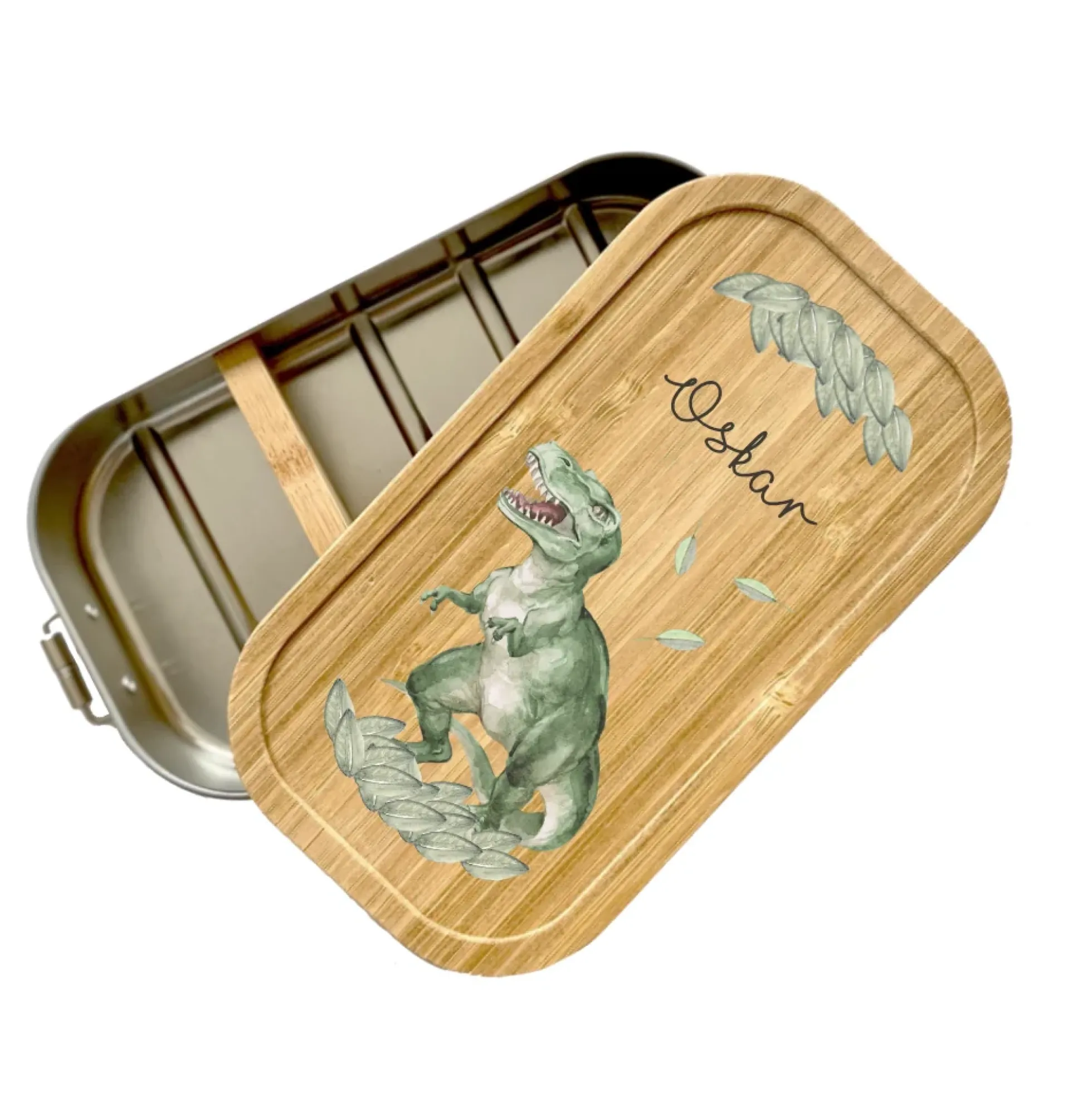 Trinkflasche mit Dino u. Namen für Kinder | Personalisiertes Geschenk für Mädchen u. Jungen mit Dinosaurier| 500 ml Isolierflasche aus Edelstahl mit Bambusdeckel | Als Set verfügbar mit Brotdose