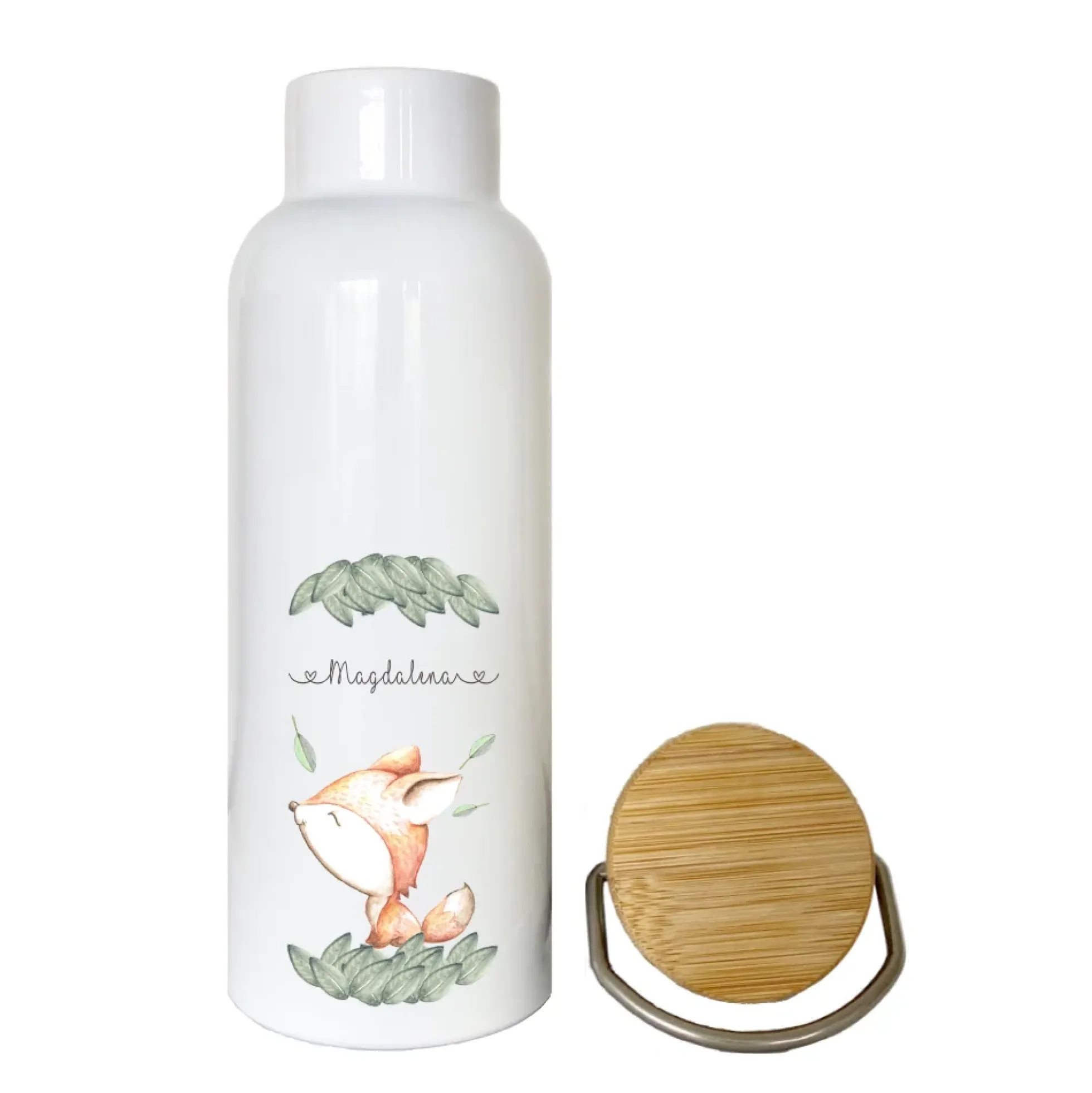 Trinkflasche mit Fuchs u. Namen für Kinder | Personalisiertes Geschenk für Mädchen u. Jungen | 500 ml Isolierflasche aus Edelstahl mit Bambusdeckel | Als Set verfügbar mit Brotdose