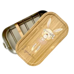 Trinkflasche mit Hasen u. Namen für Kinder | Personalisiertes Geschenk für Mädchen u. Jungen mit Häschen | 500 ml Isolierflasche aus Edelstahl mit Bambusdeckel | Als Set verfügbar mit Brotdose