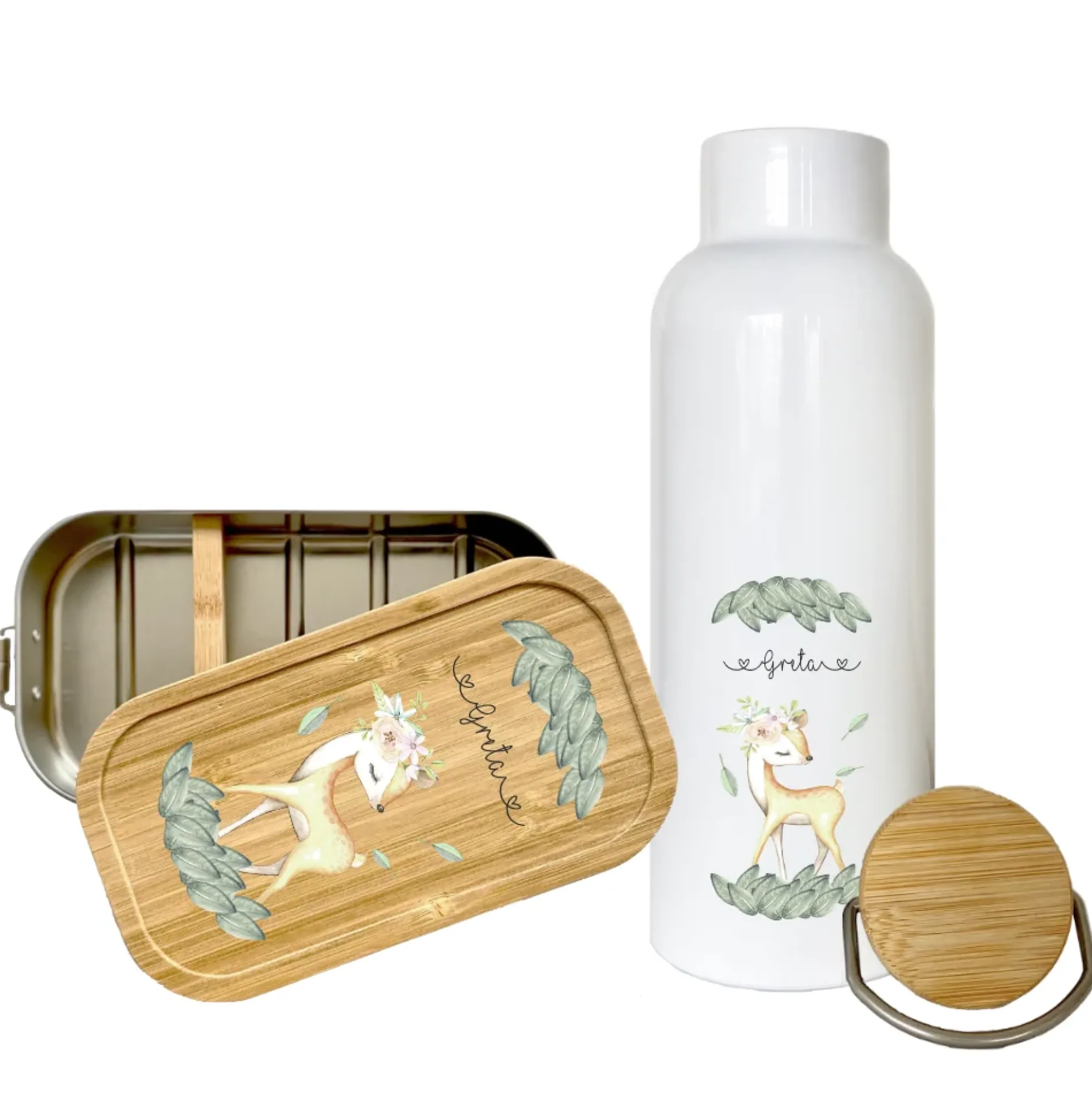 Trinkflasche mit mit Reh u. Namen für Kinder | Personalisiertes Geschenk für Mädchen | 500 ml Isolierflasche aus Edelstahl mit Bambusdeckel | Als Set verfügbar mit Brotdose