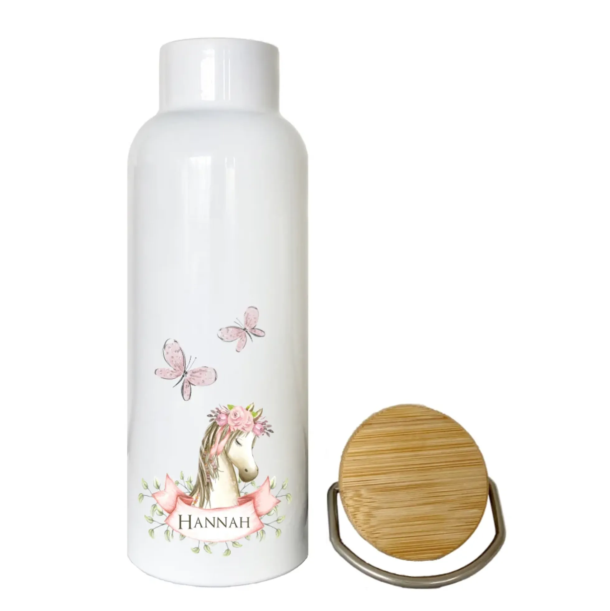 Trinkflasche mit Pony u. Namen für Kinder | Personalisiertes Geschenk für Mädchen u. Jungen mit Pferd | 500 ml Isolierflasche aus Edelstahl mit Bambusdeckel | Als Set verfügbar mit Brotdose
