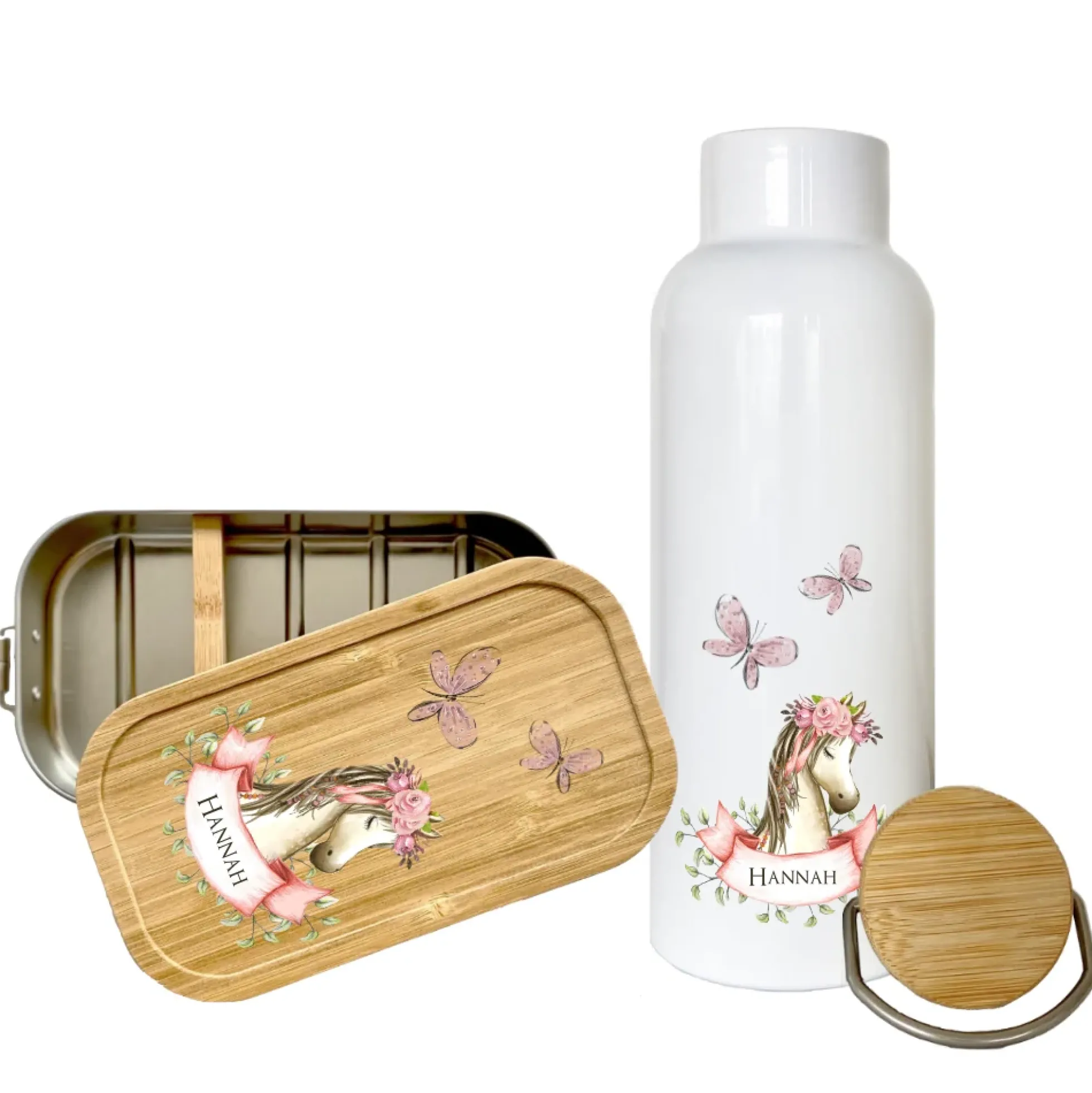 Trinkflasche mit Pony u. Namen für Kinder | Personalisiertes Geschenk für Mädchen u. Jungen mit Pferd | 500 ml Isolierflasche aus Edelstahl mit Bambusdeckel | Als Set verfügbar mit Brotdose