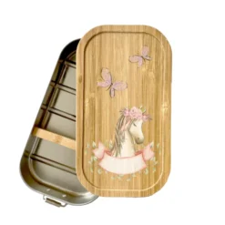Trinkflasche mit Pony u. Namen für Kinder | Personalisiertes Geschenk für Mädchen u. Jungen mit Pferd | 500 ml Isolierflasche aus Edelstahl mit Bambusdeckel | Als Set verfügbar mit Brotdose